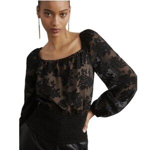 Anthropologie Current Air smocked sheer floral puff sleeve square neck crop S